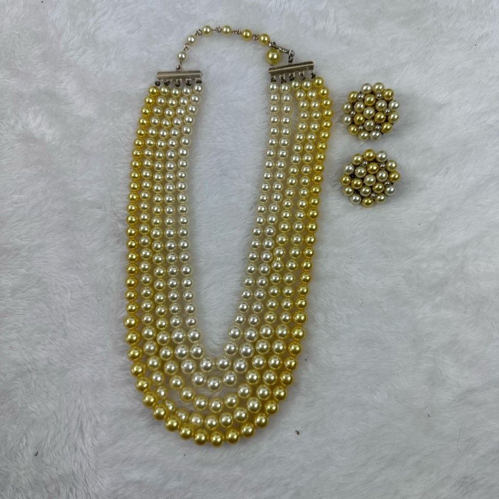 Vintage‎ Layered Pearl Beaded Necklace & Earrings Set Multi Strand Yellow Gold